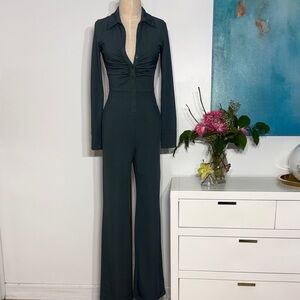 Fashion Nova Dark Green Long-Sleeve Button Front Jumpsuit